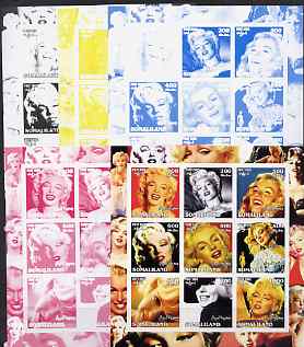 Somaliland 2002 Marilyn Monroe #1 sheetlet containing 9 values - the set of 5 imperf progressive proofs comprising the 4 individual colours plus all 4-colour composite, unmounted mint