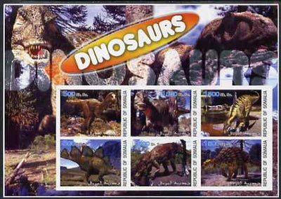 Somalia 2003 Dinosaurs large imperf sheetlet containing 6 values unmounted mint. Note this item is privately produced and is offered purely on its thematic appeal