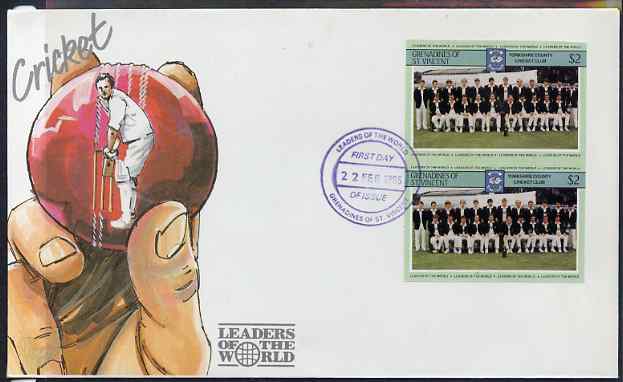 St Vincent - Grenadines 1985 Cricketers #3 - $2 Yorkshire Team - imperforate pair on illustrated cover with first day cancellation, as SG 369 very few imperfs are known on cover