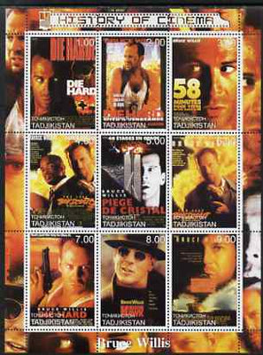 Tadjikistan 2000 History of the Cinema - Bruce Willis perf sheetlet containing 9 values unmounted mint