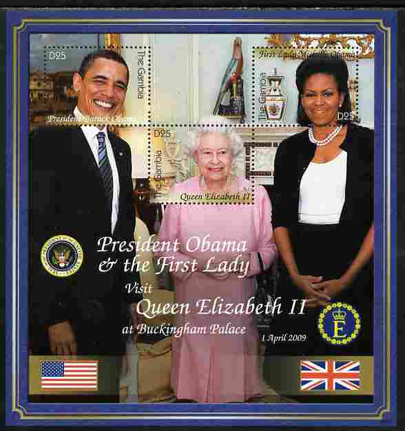 Gambia 2009 Barack Obama Visits Queen Elizabeth at Buckingham Palace composite perf sheetlet containing 3 values unmounted mint