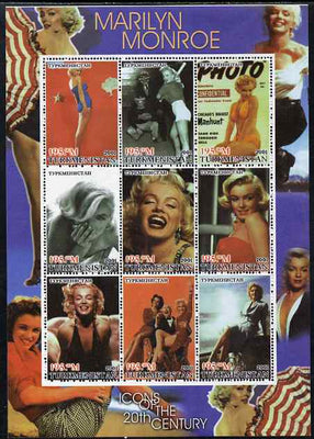 Turkmenistan 2001 Icons of the 20th Century - Marilyn Monroe perf sheetlet containing set of 9 values unmounted mint. Note this item is privately produced and is offered purely on its thematic appeal