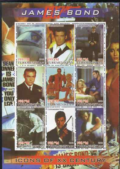 Turkmenistan 2001 Icons of the 20th Century - James Bond perf sheetlet containing set of 9 values unmounted mint