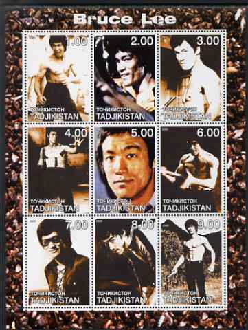 Tadjikistan 2000 Bruce Lee perf sheetlet containing set of 9 values unmounted mint