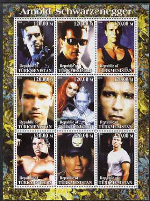 Turkmenistan 2000 Arnold Schwarzenegger perf sheetlet containing set of 9 values unmounted mint. Note this item is privately produced and is offered purely on its thematic appeal