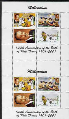 Angola 2000 Millennium & Birth Centenary of Walt Disney perf sheetlet containing 4 values, se-tenant pair of sheetlets from uncut proof sheet, scarce thus