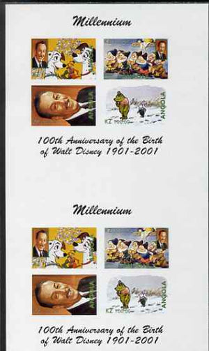 Angola 2000 Millennium & Birth Centenary of Walt Disney imperf sheetlet containing 4 values, se-tenant pair of sheetlets from uncut proof sheet, scarce thus