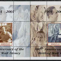 Angola 2001 Birth Centenary of Walt Disney perf s/sheets, se-tenant pair of sheetlets from uncut proof sheet, scarce thus
