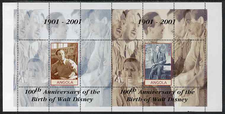 Angola 2001 Birth Centenary of Walt Disney perf s/sheets, se-tenant pair of sheetlets from uncut proof sheet, scarce thus