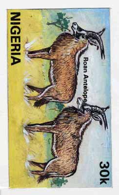Nigeria 1990 Wildlife - original hand-painted artwork for 30k value (Roan Antelope) by S O Nwasike on card 9