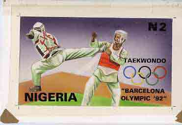 Nigeria 1992 Barcelona Olympic Games (1st issue) - original hand-painted artwork for N2 value (Taekwondo) as issued stamp by G O Akinola, on board 8.5