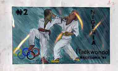 Nigeria 1992 Barcelona Olympic Games (1st issue) - original hand-painted artwork for N2 value (Taekwondo) by unknown artist on card 9