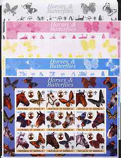 Somalia 2003 Horses & Butterflies (also showing Baden Powell and Scout & Guide Logos) sheetlet containing 9 values - the set of 5 imperf progressive proofs comprising the 4 individual colours plus all 4-colour composite, unmounted mint