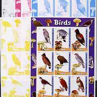 Benin 2003 Birds & Fungi large sheetlet containing set of 9 values - the set of 5 imperf progressive proofs comprising the 4 individual colours plus all 4-colour composite, unmounted mint