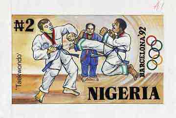 Nigeria 1992 Barcelona Olympic Games (1st issue) - original hand-painted artwork for N2 value (Taekwondo) by Godrick N Osuji, on card 9"x5" endorsed A1