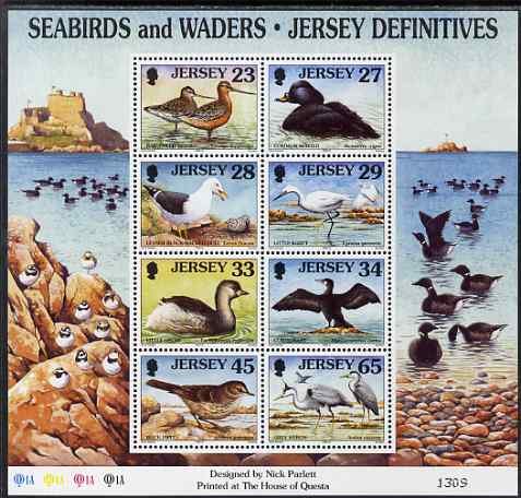 Jersey 1997-99 Seabirds & Waders perf m/sheet #4 containing 8 values (23p, 27p, 28p, 29p, 33p, 34p, 45p & 65p) unmounted mint SG MS 806d