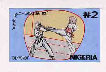 Nigeria 1992 Barcelona Olympic Games (1st issue) - original hand-painted artwork for N2 value (Taekwondo) by NSP&MCo Staff Artist Clement O Ogbebor, on card 9