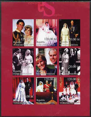 Turkmenistan 1999 Royal Wedding (Edward & Sophie) imperf sheetlet containing set of 9 values unmounted mint