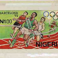 Nigeria 1992 Barcelona Olympic Games (1st issue) - original hand-painted artwork for N1 value (Running) by Godrick N Osuji as issued on card 8.5"x5" endorsed C1