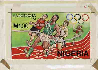 Nigeria 1992 Barcelona Olympic Games (1st issue) - original hand-painted artwork for N1 value (Running) by Godrick N Osuji as issued on card 8.5
