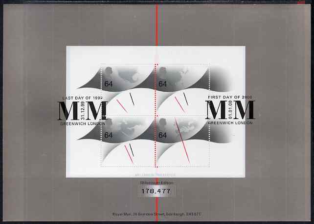 Great Britain 1999 Millennium Series - Millennium Timekeeper m/sheet containing 4 x 64p Clock stamps fine used with cancellations for Last Day of the 1999 and First Day of the 2000, mounted on special Royal Mail card, SG MS 2123