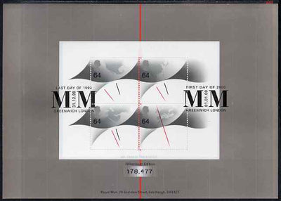 Great Britain 1999 Millennium Series - Millennium Timekeeper m/sheet containing 4 x 64p Clock stamps fine used with cancellations for Last Day of the 1999 and First Day of the 2000, mounted on special Royal Mail card, SG MS 2123