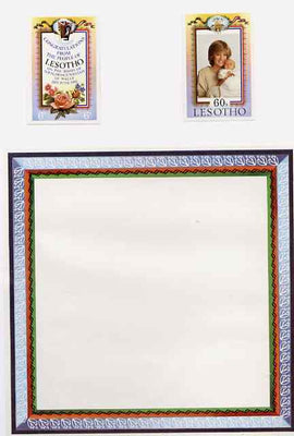 Lesotho 1982 Birth of Prince William imperf proof of m/sheet border plus imperf proofs of 60s stamp and label, all mounted in special House of Questa proof folder, as SG 521a
