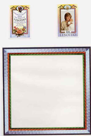 Lesotho 1982 Birth of Prince William imperf proof of m/sheet border plus imperf proofs of 60s stamp and label, all mounted in special House of Questa proof folder, as SG 521a