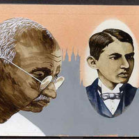 Chad 2009 Mahatma Gandhi original hand-painted artwork for 500F value showing portrait of Gandhi plus him as a Law Student in 1888, on board 7 x 4.5 inches without overlay