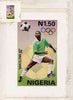 Nigeria 1992 Barcelona Olympic Games (2nd issue) - original hand-painted artwork for N1.50 value (Football) by A Olusola as issued on card 4"x7" plus imperf stamp sized machine proof in issued colours on glazed card