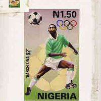 Nigeria 1992 Barcelona Olympic Games (2nd issue) - original hand-painted artwork for N1.50 value (Football) by A Olusola as issued on card 4"x7" plus imperf stamp sized machine proof in issued colours on glazed card
