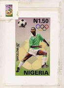 Nigeria 1992 Barcelona Olympic Games (2nd issue) - original hand-painted artwork for N1.50 value (Football) by A Olusola as issued on card 4"x7" plus imperf stamp sized machine proof in issued colours on glazed card