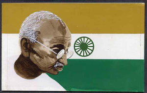 Chad 2009 Mahatma Gandhi original hand-painted artwork for 500F value showing portrait of Gandhi plus Independence Flag of India, on board 7 x 4.5 inches without overlay
