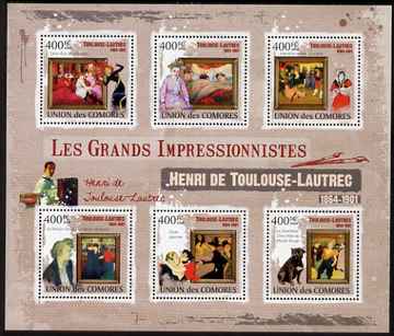 Comoro Islands 2009 Impressionists - Toulouse Lautrec perf sheetlet containing 6 values unmounted mint