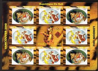 Mali 2010 Year of the Tiger with Olympic Rings, imperf sheetlet containg 2 values x 4 plus label, unmounted mint. Note this item is privately produced and is offered purely on its thematic appeal
