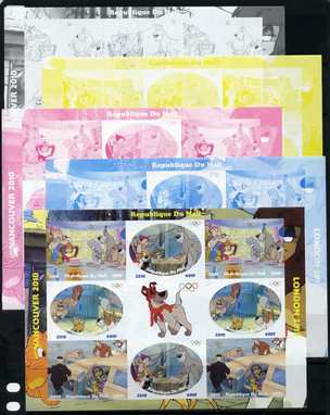 Mali 2010 Oliver & Company with Olympic Rings, sheetlet containg 4 values x 2 plus,the set of 5 imperf progressive proofs comprising the 4 individual colours plus all 4-colour composite, unmounted mint