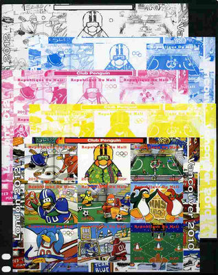 Mali 2010 Olympic Games - Disney Club Penguin #2 sheetlet containing 9 values - the set of 5 imperf progressive proofs comprising the 4 individual colours plus all 4-colour composite unmounted mint