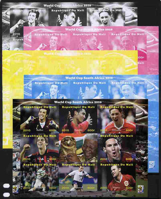 Mali 2010 Football World Cup sheetlet containing 9 values - the set of 5 imperf progressive proofs comprising the 4 individual colours plus all 4-colour composite unmounted mint