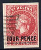 St Helena Forgery 4d on 6d red by ??? (West type 8, identified by additional frame line) 'used' single. (Please note: we have a modest stock of this item so the one you receive may not be identical to the one scanned)