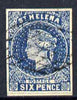 St Helena Forgery 6d blue by ??? (West type 8, identified by additional frame line) 'used' single. (Please note: we have a modest stock of this item so the one you receive may not be identical to the one scanned)