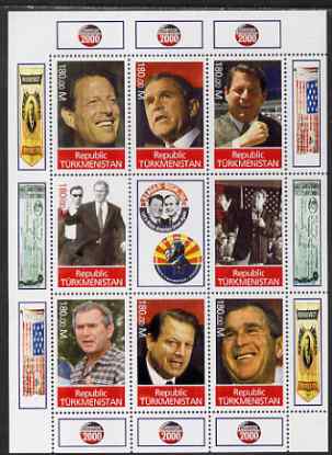 Turkmenistan 2000 George W Bush - Campaign 2000 perf sheetlet containing 8 values plus label unmounted mint. Note this item is privately produced and is offered purely on its thematic appeal