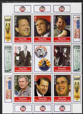 Turkmenistan 2000 George W Bush - Campaign 2000 perf sheetlet containing 8 values plus label unmounted mint. Note this item is privately produced and is offered purely on its thematic appeal