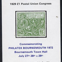 Exhibition souvenir sheet for 1972 Bournemouth Philatex Stamp showing Great Britain PUC £1 value in green with black border unmounted mint