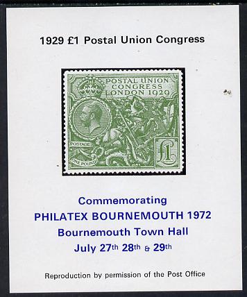 Exhibition souvenir sheet for 1972 Bournemouth Philatex Stamp showing Great Britain PUC £1 value in green with black border unmounted mint