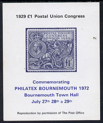 Exhibition souvenir sheet for 1972 Bournemouth Philatex Stamp showing Great Britain PUC £1 value in grey-blue unmounted mint
