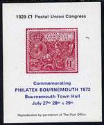 Exhibition souvenir sheet for 1972 Bournemouth Philatex Stamp showing Great Britain PUC £1 value in red unmounted mint