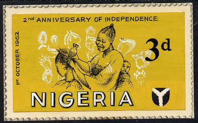 Nigeria 1962 Second Anniversary of Independence - original hand-painted artwork for 3d value (Women's Hairdressing) by unknown artist on card 6.5