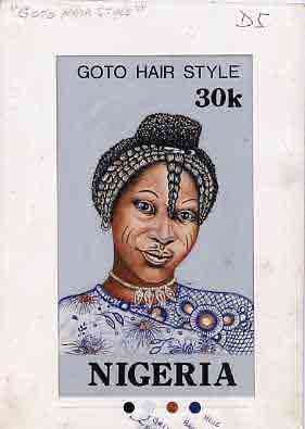 Nigeria 1987 Women's Hairstyles - original hand-painted artwork for 30k value (Goto Hair style) by unknown artist on card 5