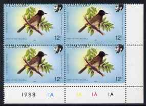 Lesotho 1988 Birds 12s Red-Eyed Bulbul with superb 2mm misplacement of horiz perfs SG 795var unmounted mint plate block of 4 from bottom of sheet showing perfs passing through Country name and lower two stamps with white strip at bottom