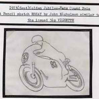 Isle of Man 1973 original pencil sketch artwork by John Nicholson for the 3.5p Golden Jubilee Tourist Trophy Races issue showing bike No. 83 (with fairing) plus imperf example of issued stamp - probably a normal with perfs trimmed off